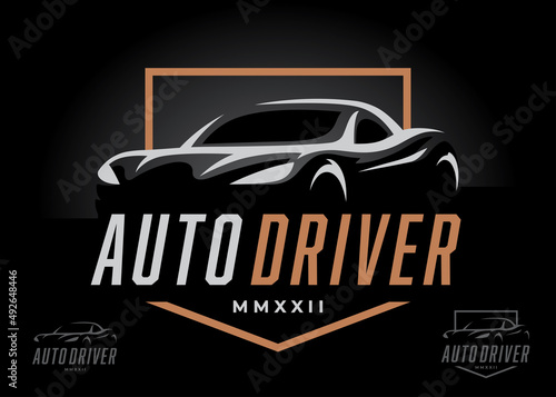 Sports car logo concept design. Supercar auto silhouette icon. Motor vehicle dealership showroom badge. Automotive performance garage workshop symbol. Vector illustration.