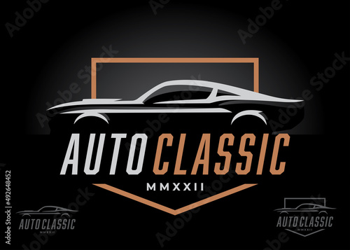 Retro sports car silhouette logo icon design. Classic American performance motor vehicle dealership symbol. Auto garage showroom sign. Vector illustration.