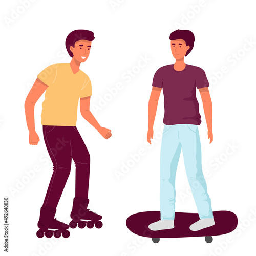 set of characters actively resting. Man rollerblading and boy riding a skateboard Cartoon flat character design isolated .Leisure, recreational activity and sport spare time concept