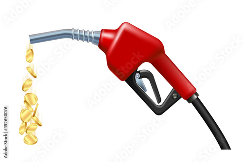 Stream of gold coins pours from the Fuel handle pump nozzle with hose.