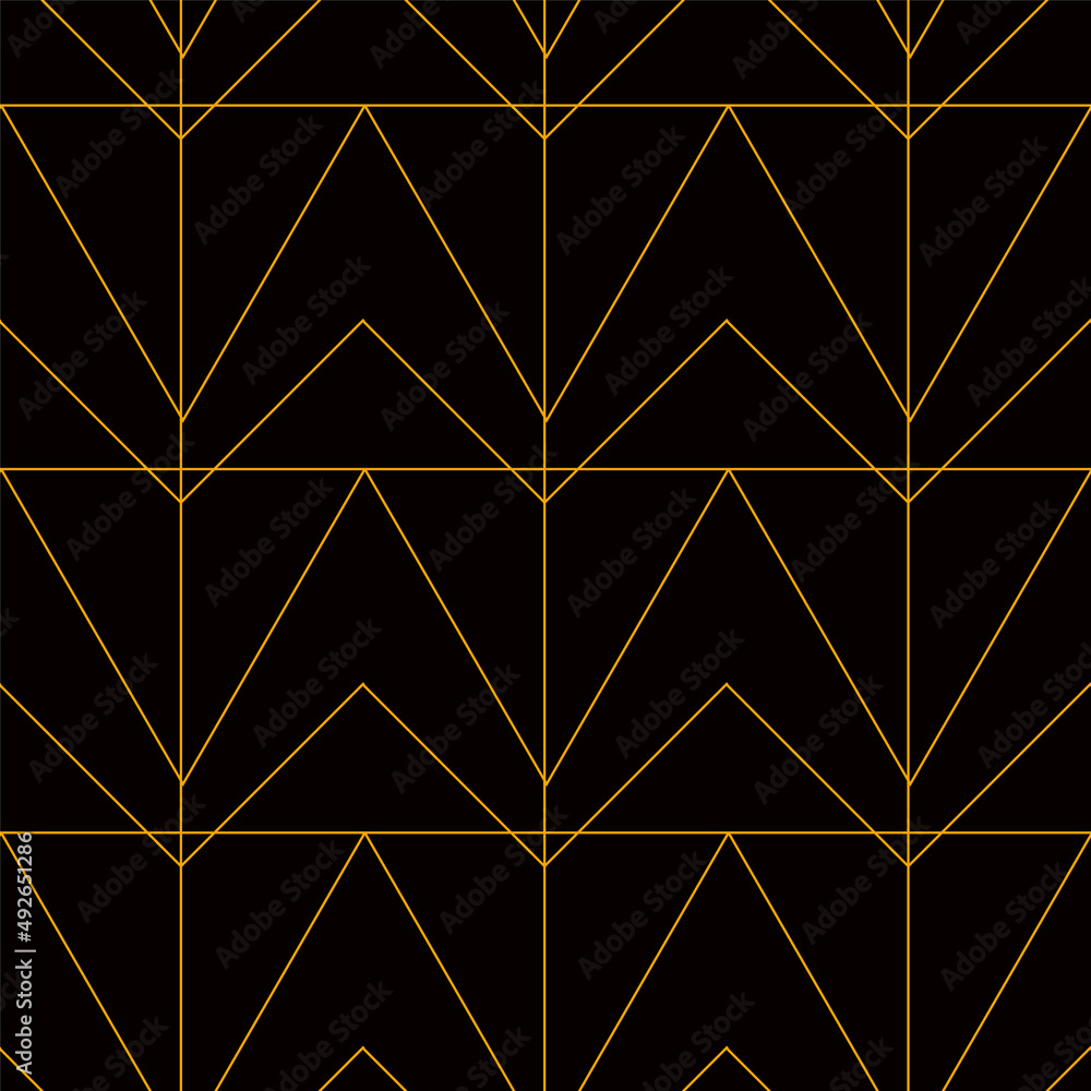 Triangular seamless pattern with golden lines. Art deco style. Black abstract print. Corner forms. Vector illustration