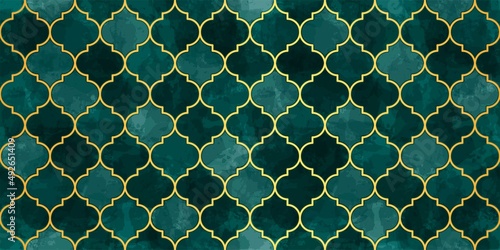 Moroccan Seamless Pattern. Turkish Mosque Window Shape. Arabic Mosaic Watercolor Ornament Background. Eid Mubarak Muslim Decoration. Ramadan Kareem Islamic Illustration