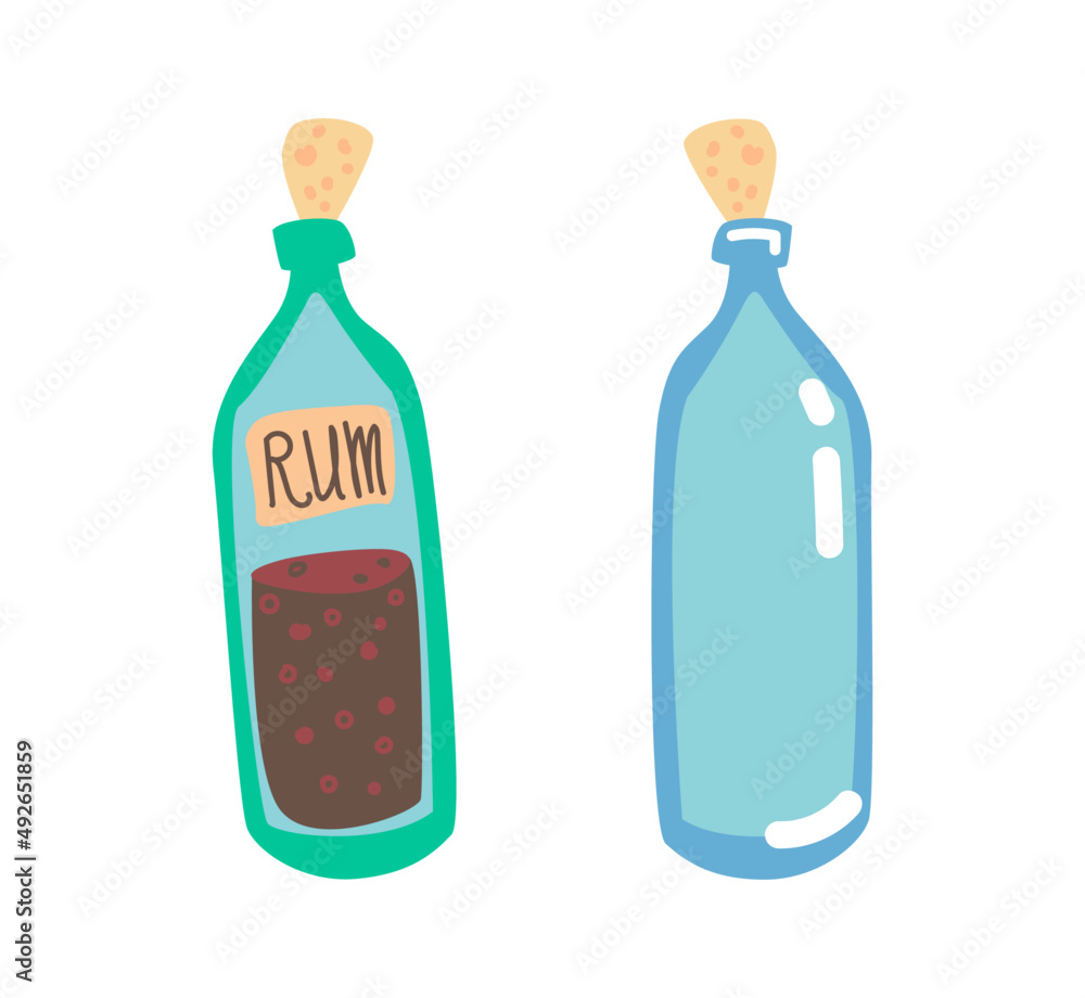 Vector illustration set with glass bottles with rum and corks Vector illustration set with glass bottles with rum and corks