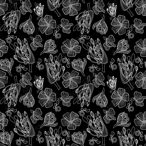 Seamless botanical pattern with white flowers on a black background in doodle technique vector illustration 