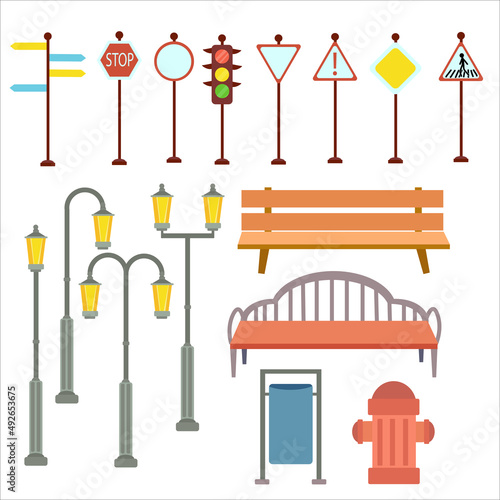 Street lamp on a metal stand, street bench, fire hydrant, trembling signs. Environment. Element of the urban environment. Vector illustration isolated on white background