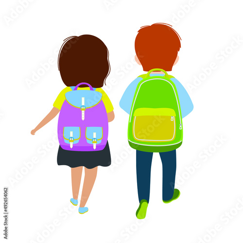 Backs of school kids with colorful backpacks moving in the street. Vector illustration.