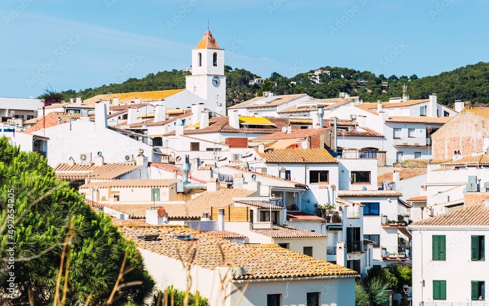 View of the white houses of the village of Cadaques on the Costa Brava, Catalonia, Spain.