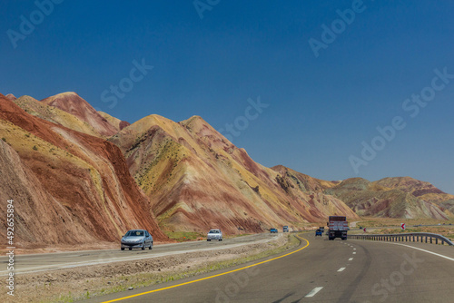 Freeway through colorful rainbow Aladaglar mountains in Eastern Azerbaijan, Iran