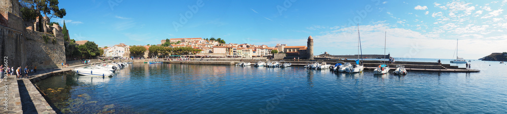 Panoramic view of the port of Banyuls, a small Mediterranean town in the Pyrénées-Orientales department in the Occitanie region, producing an excellent wine renowned throughout the world
