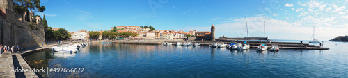 Fototapeta Naklejka Na Ścianę i Meble -  Panoramic view of the port of Banyuls, a small Mediterranean town in the Pyrénées-Orientales department in the Occitanie region, producing an excellent wine renowned throughout the world