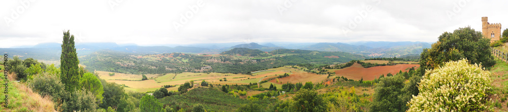 Panoramic view of the countryside from the village of Rennes-Le-Château, in Aube, Occitanie, not far from Perpignan, where Abbé Saunière is said to have discovered a fabulous treasure