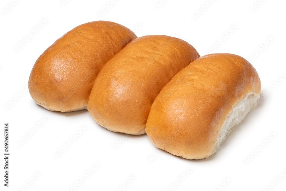 Three traditional Dutch white soft buns in a row isolated on white background