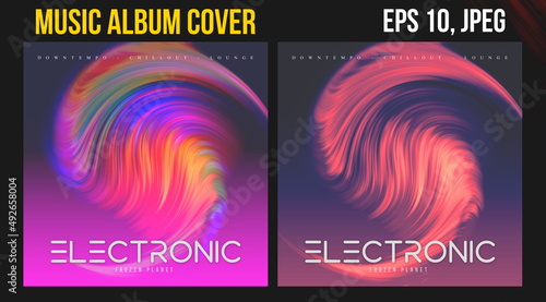 Music Album Cover Art. Abstract Vector Design of CD Cover and Vinyl Record. Electronic Music Album Presentation. Futuristic Color Visual Elements. Geometric Motion Background and Texture.