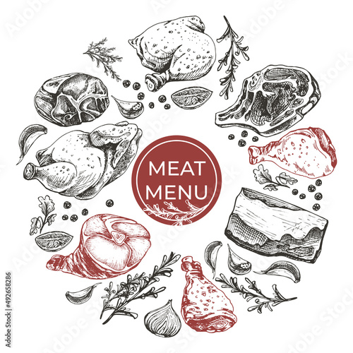 engraved style, meat, hand drawing, frame, menu design pieces of meat in black and red outline, spices, vector illustration, engraved style, meat, hand drawing, frame, menu design,