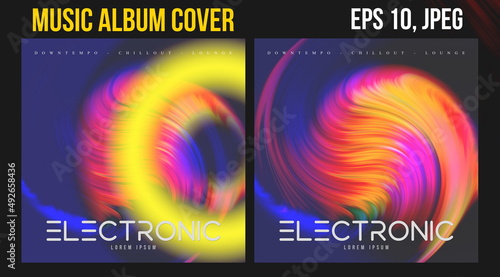 Music Album Cover Art. Abstract Vector Design of CD Cover and Vinyl Record. Electronic Music Album Presentation. Futuristic Color Visual Elements. Geometric Motion Background and Texture.