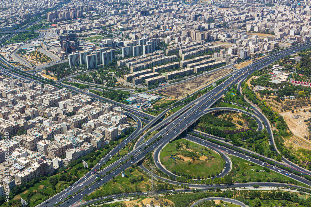 Aerial view of Hakim and Sheikh Fazlollah Nuri Expressways crossing in Tehran, capital of Iran.
