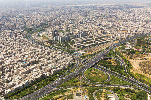 Aerial view of Hakim and Sheikh Fazlollah Nuri Expressways crossing in Tehran, capital of Iran.