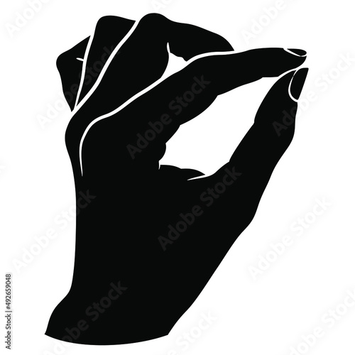Human female hand in pinch gesture. Cartoon style. Black and white negative silhouette.
