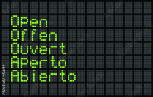 multilingual open sign written in English German French Italian and Spanish on dot matrix display