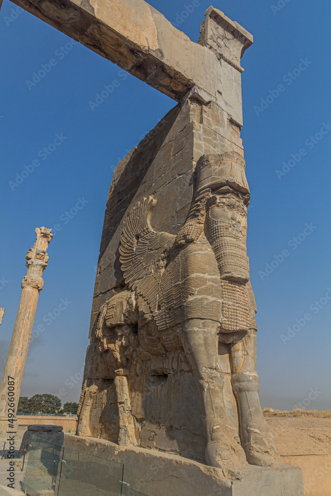 Bull's body and human's head statue at the Gate of Nations in Persepolis, Iran