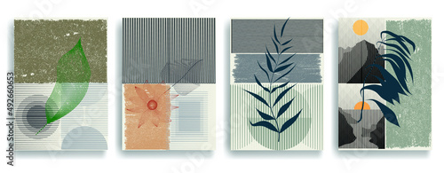 Modern wallpaper with minimalist design elements . Botanical art. Backgrounds in Boho style  . Wall art , home deco . Contemporary posters with leaves and geometric shapes .Vector abstract wallpaper.