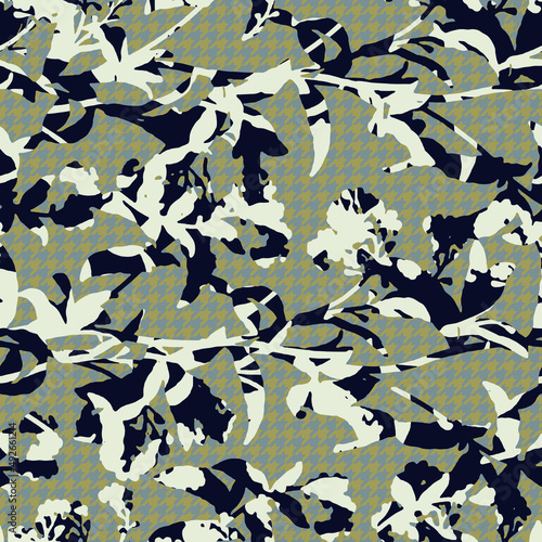 Artistic earth color worn line art floral Abstract seamless pattern houndstooth design. Dog tooth background. Floral fabric sample with watercolor effect. Textile print for duvet cover, jacket
