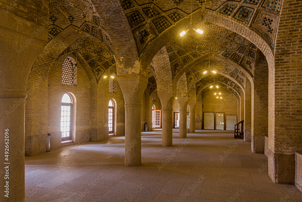 SHIRAZ, IRAN - JULY 8, 2019: Interior of Nasir al Mulk Mosque in Shiraz, Iran