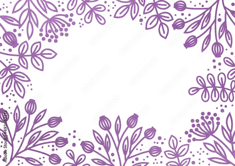 Leaves, flowers and twigs on a purple violet white background. Plant frame with floral design. Space for text and graphic design. Festive background with a pattern of twigs. Leaves, flowers and twigs on a purple violet white background. Plant frame with floral design. Space for text and graphic design. Festive background with a pattern of twigs.