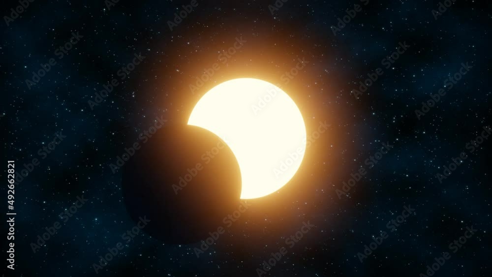 Representation of a solar eclipse on a space background with moving stars. 3D Rendering