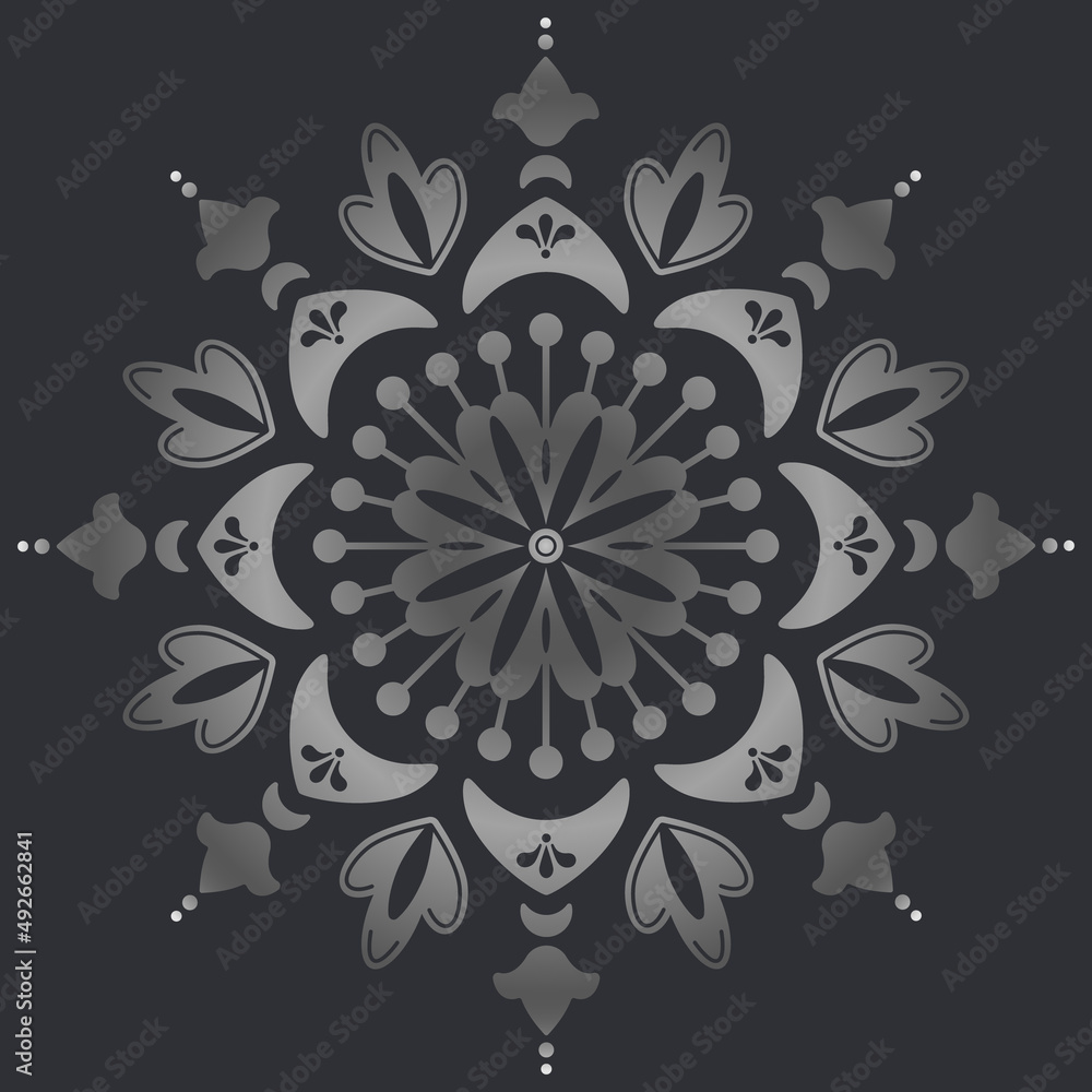 Silver flower mandala on grey background. Vector Folk ornamental illustration