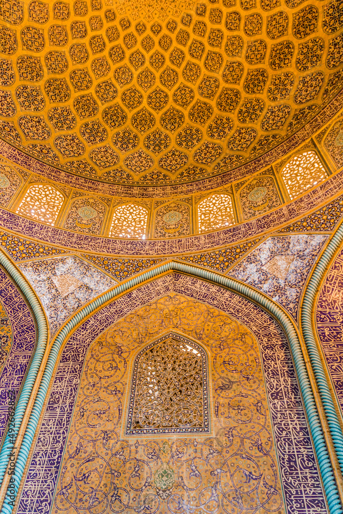 ISFAHAN, IRAN - JULY 10, 2019: Dome of Sheikh Lotfollah Mosque in Isfahan, Iran
