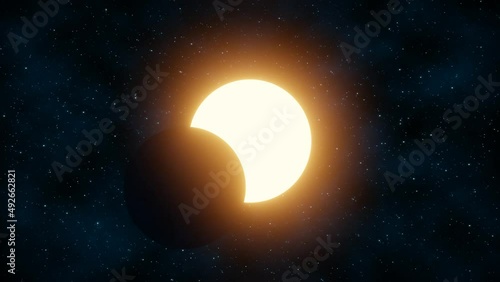 Representation of a solar eclipse on a space background with moving stars. 3D Rendering photo