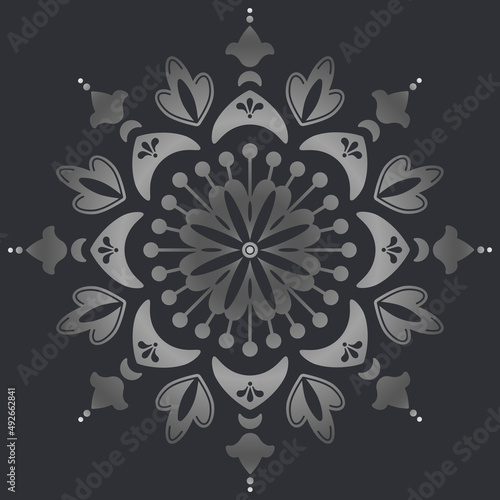 Obraz na płótnie Silver flower mandala on grey background. Vector Folk ornamental illustration w salonie