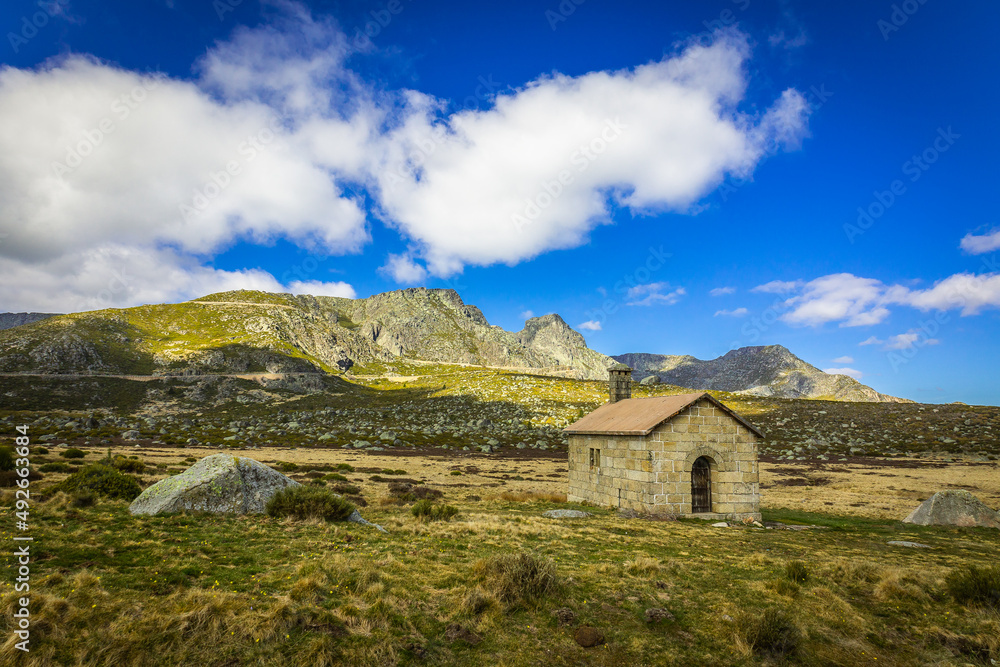 Beautiful mountain landscape view of the central massif of Serra da Estrela - Portugal with the little St. Anthony´s chapel 