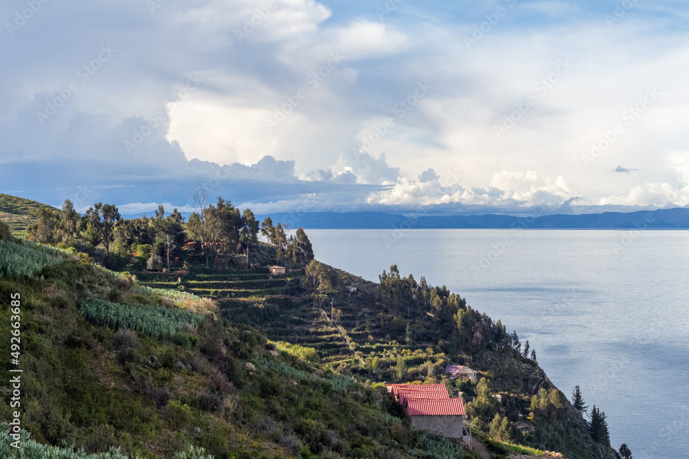 Garden on a hill, on the shore of the Lake Titicaca, Isla del Sol (Island of the Sun), Copacabana, Bolivia. Garden on a hill, on the shore of the Lake Titicaca, Isla del Sol (Island of the Sun), Copacabana, Bolivia.