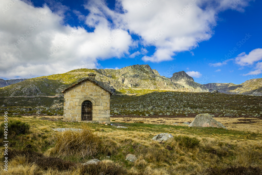 Beautiful mountain landscape view of the central massif of Serra da Estrela - Portugal with the little St. Anthony´s chapel Beautiful mountain landscape view of the central massif of Serra da Estrela - Portugal with the little St. Anthony´s chapel