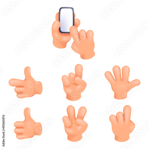 Cartoon 3d hands showing different gestures. Vector set realistic cartoon comic hands.