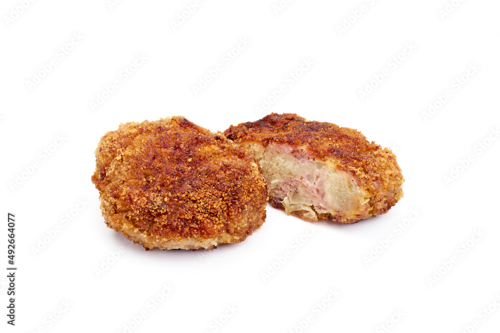 Fried cutlets in breadcrumbs, Isolated on white background.