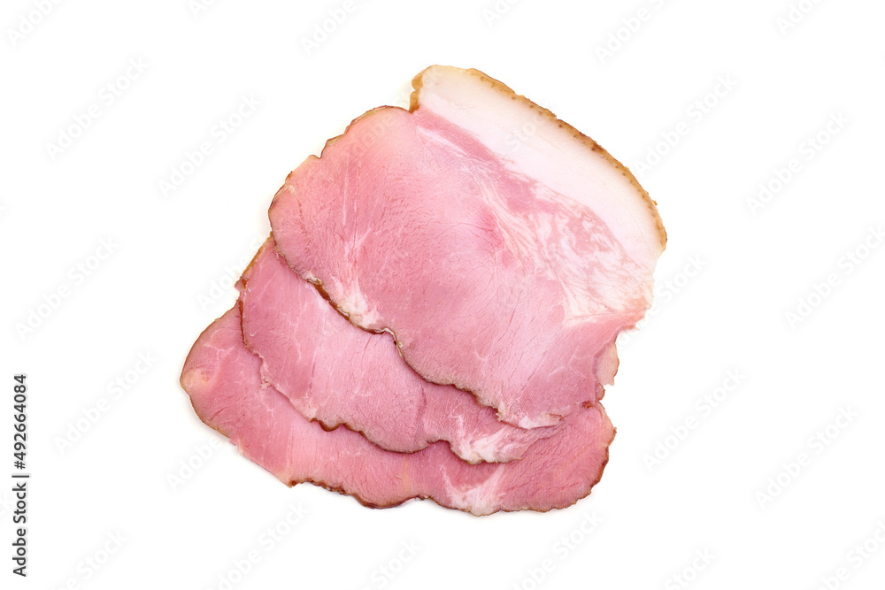 Sliced smoked pork loin, isolated on white background. Sliced smoked pork loin, isolated on white background.