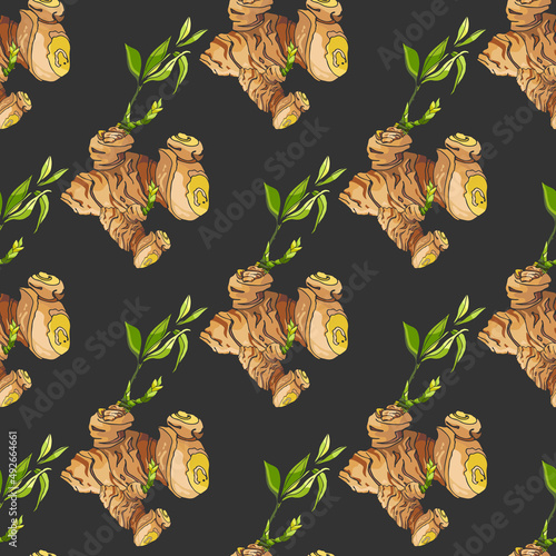 ginger root on a dark black background, seamless pattern ginger root with sprout and leaves on a white background, seamless pattern, colorful pattern with dark outline, detox elemen, dark black