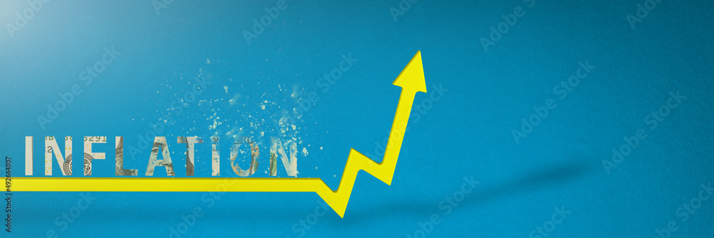 Inflation. Rising inflation. Global financial crisis. Yellow arrow on the graph indicating price growth, blue background.