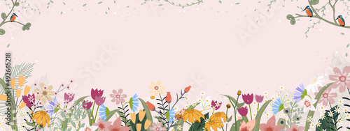 Spring background with cute birds and tiny wild flowers blooming on border,Summer or Srpting banner for sale, Vector illustration greeting card for Mothers day,Wedding, Valentine