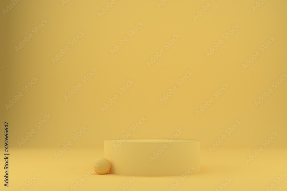 Product podium with yellow ball sphere on pastel yellow background.