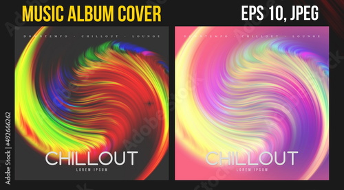 Music Album Cover Art. Abstract Vector Design of CD Cover and Vinyl Record. Electronic Music Album Presentation. Futuristic Color Visual Elements. Geometric Motion Background and Texture.