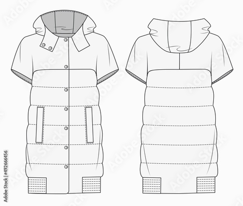 Women's Waistcoat fashion flat template. Puffer winter down coat. Down jacket fashion technical drawing template. Outerwear fashion design