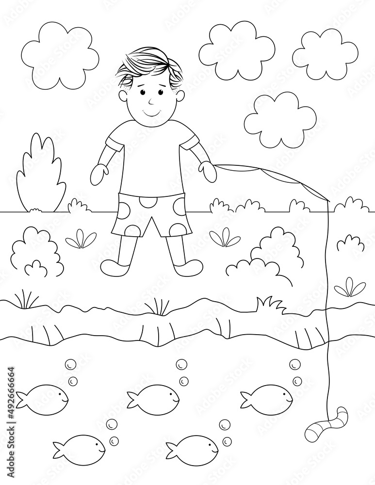 cute little boy fishing, coloring page for kids. you can print it on ...