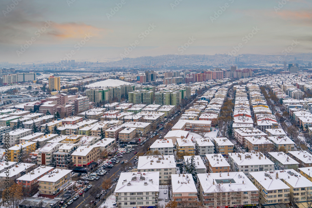 Ankara, Turkey-Janury 25 2022: Panoramic Ankara view with Bahcelievler and Emek districts in winter.