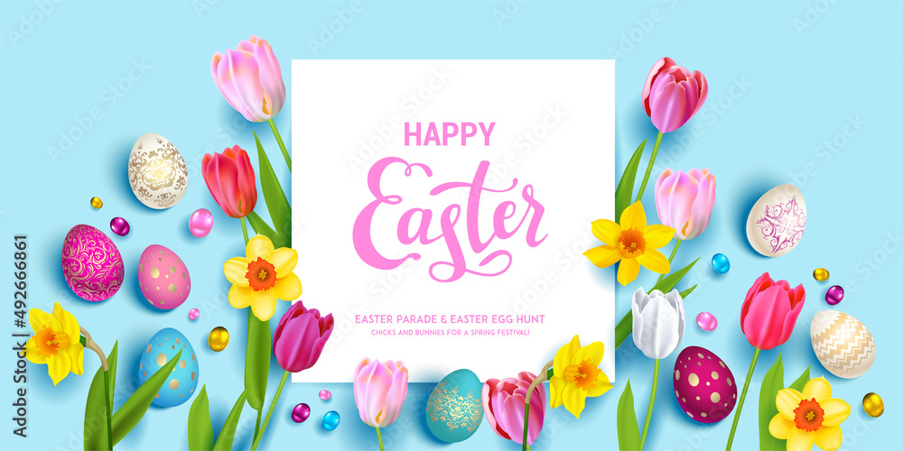 Easter eggs, daffodils and tulips. Easter eggs, daffodils and tulips.