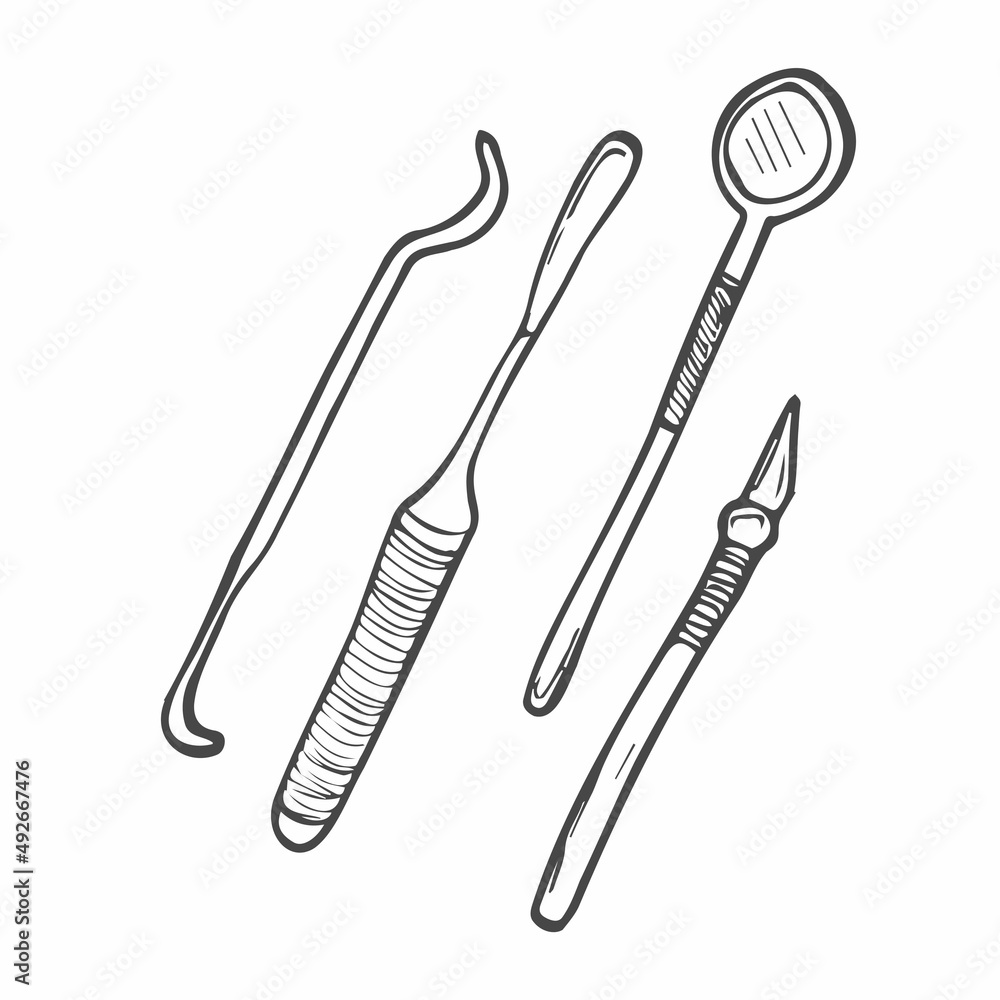 Set for Dentistry Inspection on a Doodle hand draw style. Professional Dental Oral Care Stainless Steel Tools. Set for Dentistry Inspection on a Doodle hand draw style. Professional Dental Oral Care Stainless Steel Tools.