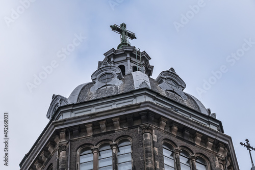 Amsterdam Saint Nicholas Basilica (Basiliek van de Heilige Nicolaas), is the city's major Catholic church. Saint Nicholas Basilica built between 1884 and 1887. Amsterdam, Netherlands.